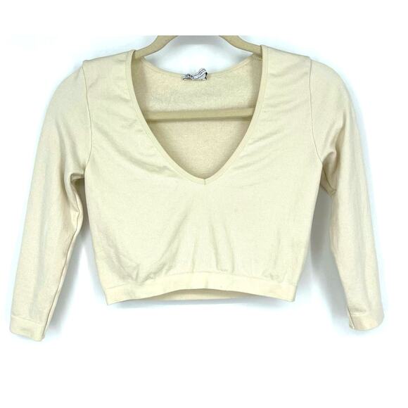 Zara Tan Crop Top Half Sleeves Large V-Neck - Picture 1 of 4